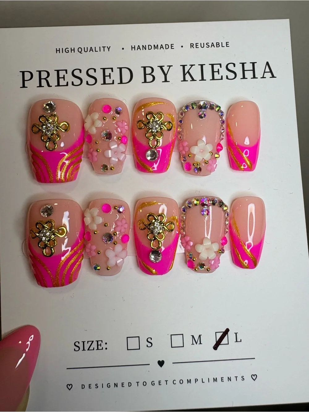 Handmade Pink Floral Gold Accent Pressed Nails